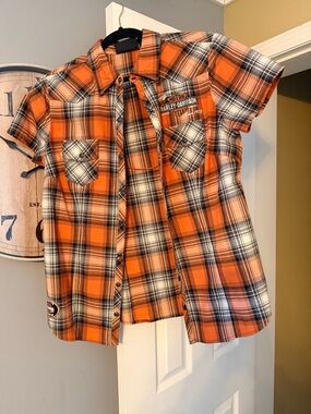 Harley-Davidson Orange and Black Plaid Short Sleeve Shirt